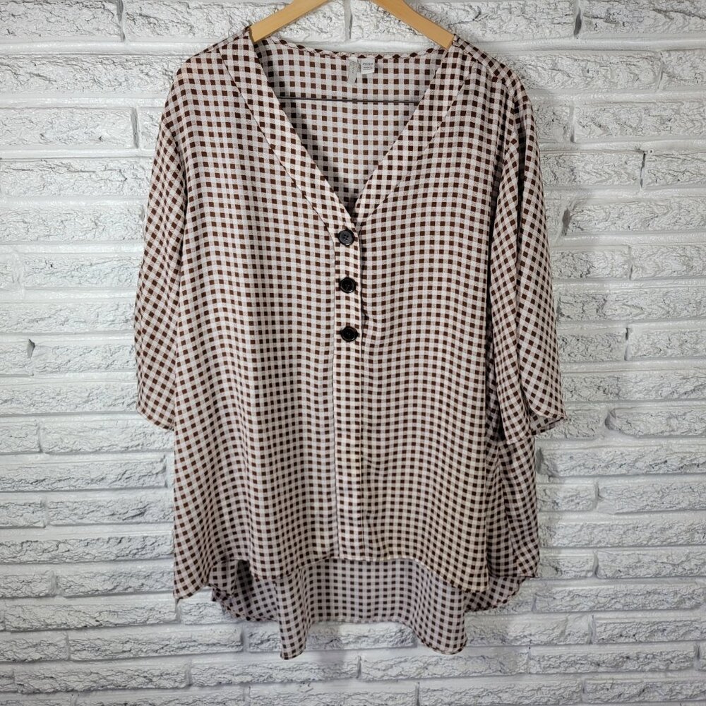 Cato‎ Est 1946 Womens Top 26W 28W Plus Ruched Sleeve Brown Plaid PLA152E